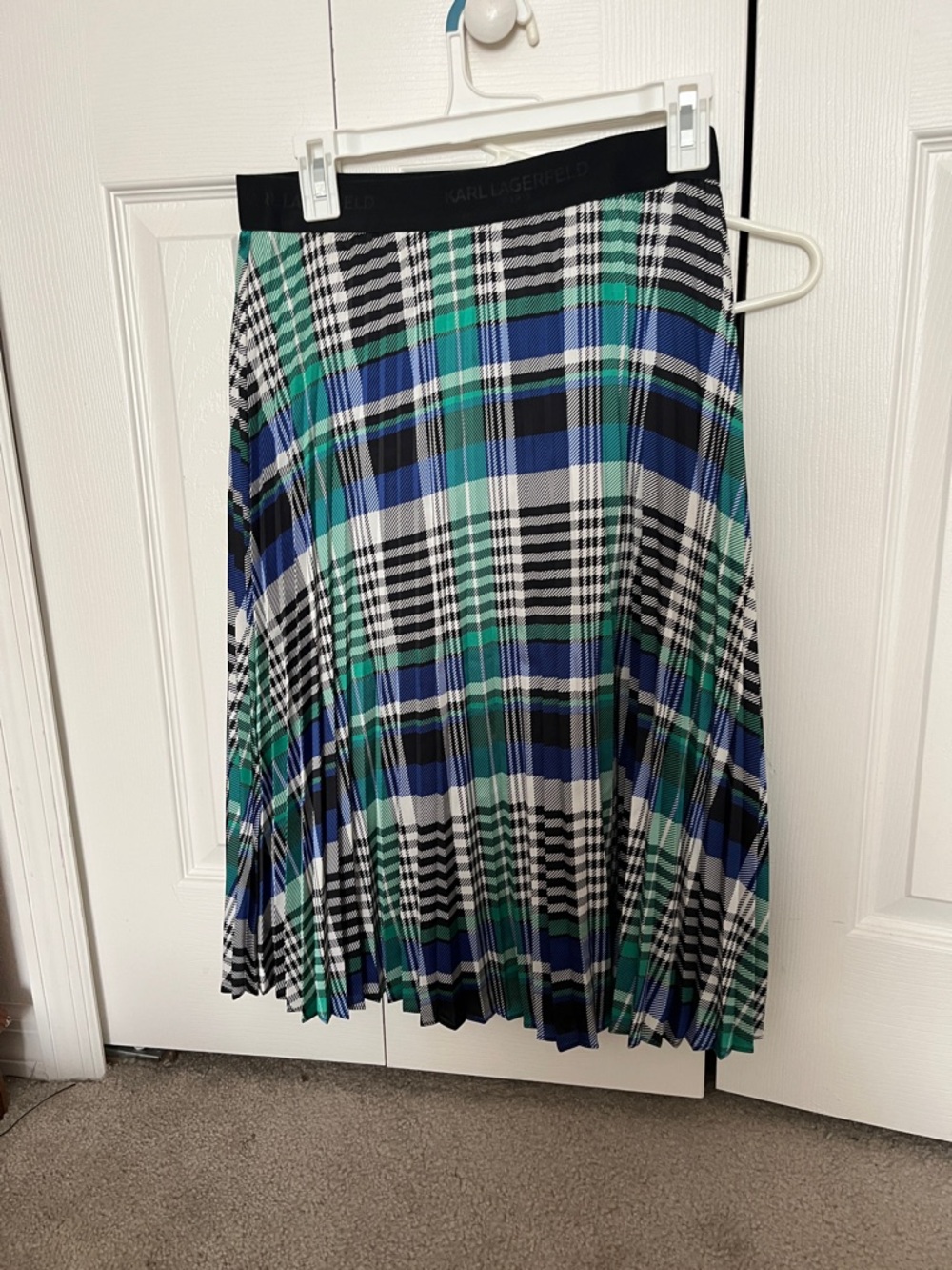 Karl Lagerfeld Blue, Green & Black Plaid Pleated Skirt